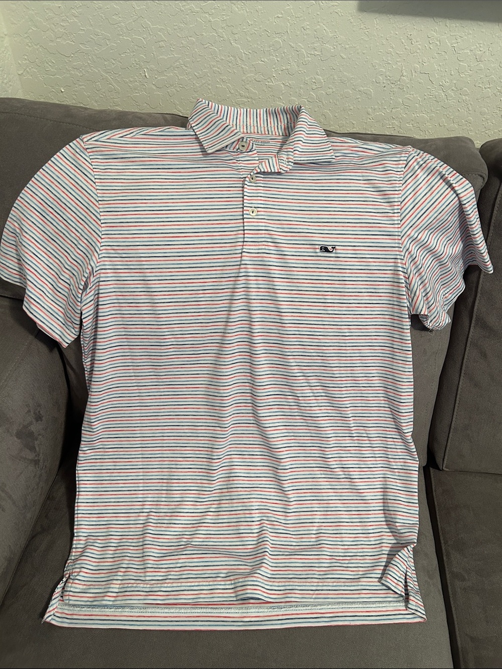 Vineyard Vines Men's Polo in White with Red & Blue Stripes